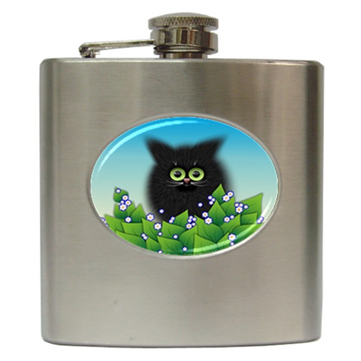 Kitten Black Furry Illustration Hip Flask (6 oz)