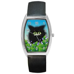 Kitten Black Furry Illustration Barrel Style Metal Watch by Sapixe