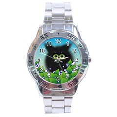 Kitten Black Furry Illustration Stainless Steel Analogue Watch by Sapixe