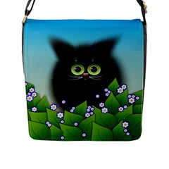 Kitten Black Furry Illustration Flap Closure Messenger Bag (l) by Sapixe