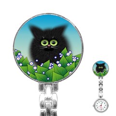 Kitten Black Furry Illustration Stainless Steel Nurses Watch by Sapixe