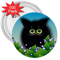 Kitten Black Furry Illustration 3  Buttons (100 Pack)  by Sapixe