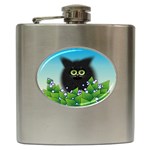 Kitten Black Furry Illustration Hip Flask (6 oz) Front