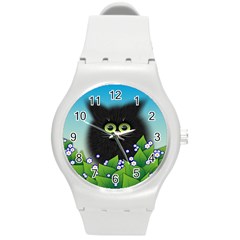 Kitten Black Furry Illustration Round Plastic Sport Watch (m) by Sapixe