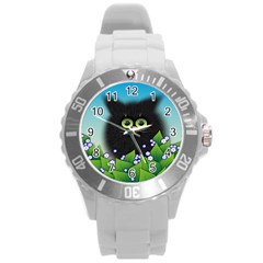 Kitten Black Furry Illustration Round Plastic Sport Watch (l) by Sapixe