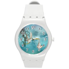 Cute Baby Is Coming With Stork Round Plastic Sport Watch (m) by FantasyWorld7