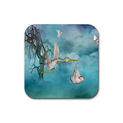 Cute Baby Is Coming With Stork Rubber Coaster (square)  by FantasyWorld7