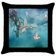 Cute Baby Is Coming With Stork Throw Pillow Case (black) by FantasyWorld7