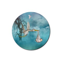 Cute Baby Is Coming With Stork Rubber Round Coaster (4 Pack)  by FantasyWorld7