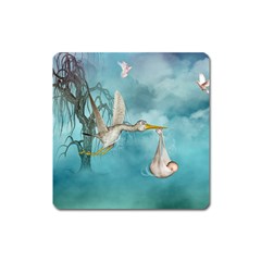 Cute Baby Is Coming With Stork Square Magnet by FantasyWorld7