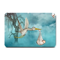 Cute Baby Is Coming With Stork Small Doormat  by FantasyWorld7