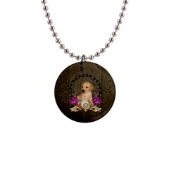 Cute Little Puppy With Flowers 1  Button Necklace by FantasyWorld7