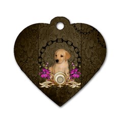 Cute Little Puppy With Flowers Dog Tag Heart (one Side) by FantasyWorld7