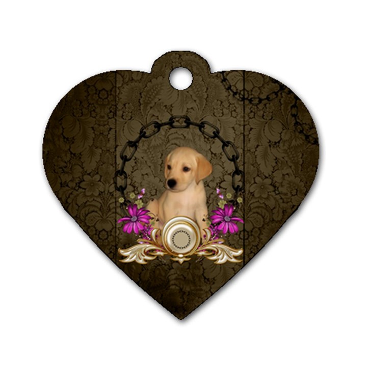 Cute Little Puppy With Flowers Dog Tag Heart (One Side)