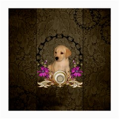 Cute Little Puppy With Flowers Medium Glasses Cloth by FantasyWorld7