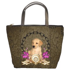 Cute Little Puppy With Flowers Bucket Bag by FantasyWorld7