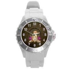 Cute Little Puppy With Flowers Round Plastic Sport Watch (l) by FantasyWorld7