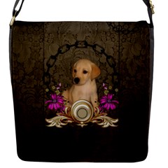 Cute Little Puppy With Flowers Flap Closure Messenger Bag (s) by FantasyWorld7