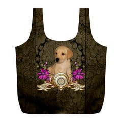 Cute Little Puppy With Flowers Full Print Recycle Bag (l) by FantasyWorld7