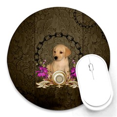 Cute Little Puppy With Flowers Round Mousepads by FantasyWorld7