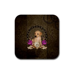 Cute Little Puppy With Flowers Rubber Square Coaster (4 Pack)  by FantasyWorld7