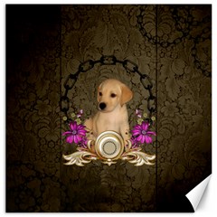 Cute Little Puppy With Flowers Canvas 16  X 16  by FantasyWorld7