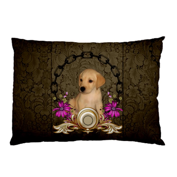 Cute Little Puppy With Flowers Pillow Case (Two Sides)