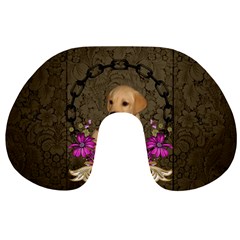 Cute Little Puppy With Flowers Travel Neck Pillow by FantasyWorld7