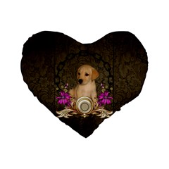 Cute Little Puppy With Flowers Standard 16  Premium Flano Heart Shape Cushions by FantasyWorld7