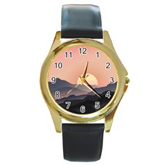 Sunset Sky Sun Graphics Round Gold Metal Watch by HermanTelo