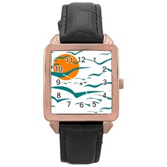 Sunset Glow Sun Birds Flying Rose Gold Leather Watch 