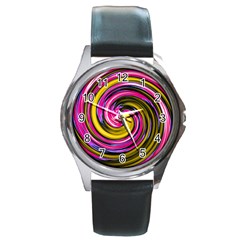 Swirl Vortex Motion Pink Yellow Round Metal Watch by HermanTelo