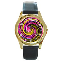 Swirl Vortex Motion Pink Yellow Round Gold Metal Watch by HermanTelo