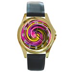 Swirl Vortex Motion Pink Yellow Round Gold Metal Watch Front