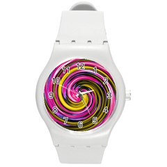 Swirl Vortex Motion Pink Yellow Round Plastic Sport Watch (m) by HermanTelo