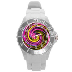 Swirl Vortex Motion Pink Yellow Round Plastic Sport Watch (l) by HermanTelo