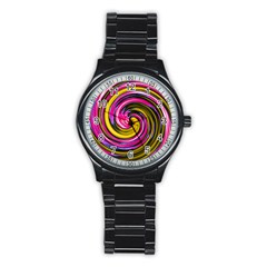 Swirl Vortex Motion Pink Yellow Stainless Steel Round Watch by HermanTelo