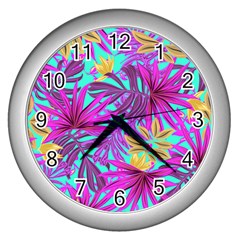 Tropical Greens Pink Leaves Wall Clock (silver) by HermanTelo