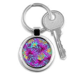 Tropical Greens Pink Leaves Key Chain (round) by HermanTelo