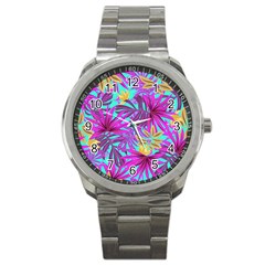 Tropical Greens Pink Leaves Sport Metal Watch