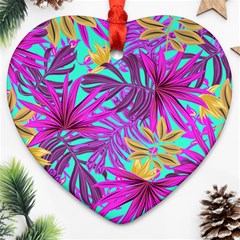 Tropical Greens Pink Leaves Heart Ornament (two Sides) by HermanTelo