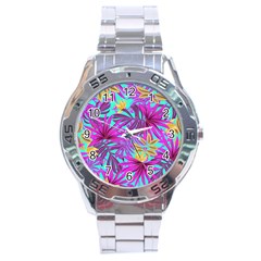 Tropical Greens Pink Leaves Stainless Steel Analogue Watch