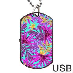 Tropical Greens Pink Leaves Dog Tag Usb Flash (one Side)