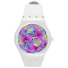 Tropical Greens Pink Leaves Round Plastic Sport Watch (m)