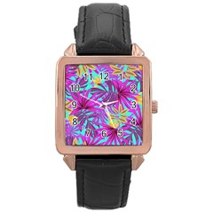 Tropical Greens Pink Leaves Rose Gold Leather Watch 