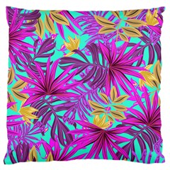 Tropical Greens Pink Leaves Large Flano Cushion Case (one Side) by HermanTelo