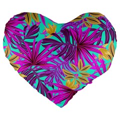 Tropical Greens Pink Leaves Large 19  Premium Flano Heart Shape Cushions