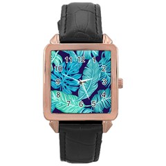 Tropical Greens Leaves Banana Rose Gold Leather Watch 