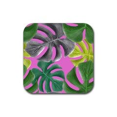 Tropical Greens Pink Leaf Rubber Coaster (square) 