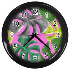 Tropical Greens Pink Leaf Wall Clock (black) by HermanTelo